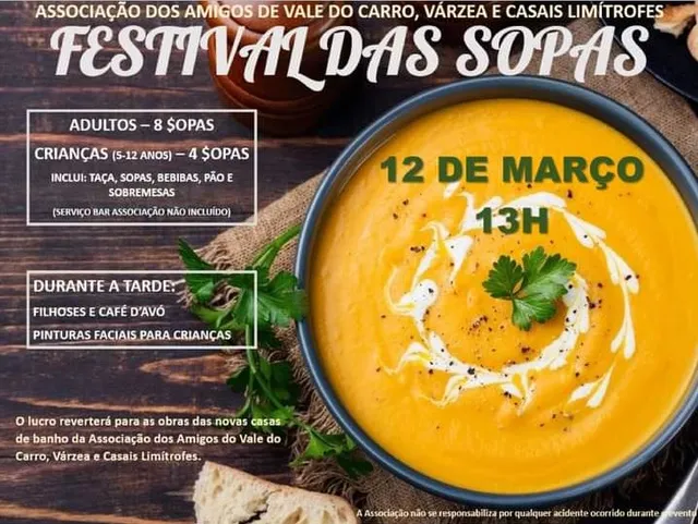 Festival de Sopas dia 12 de março na Associação dos Amigos de Vale do Carro, Várzea e Casais Limítrofes